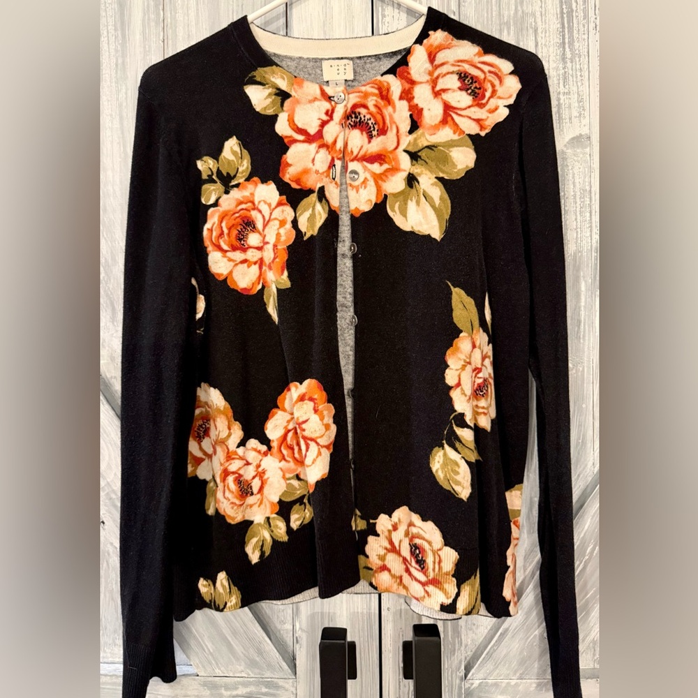 A New Day Floral Black and Orange Cardigan Sweater Size L